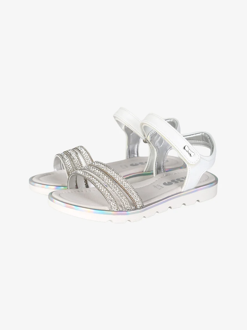 Sandali da ragazza con strass e cinturino a strappo - bianco