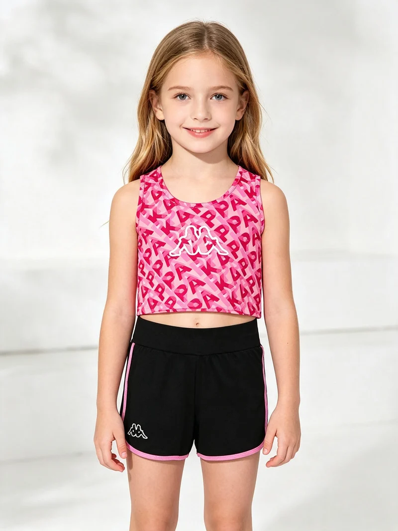 Completo smanicato da ragazza in cotone con canotta cropped e shorts - rosa