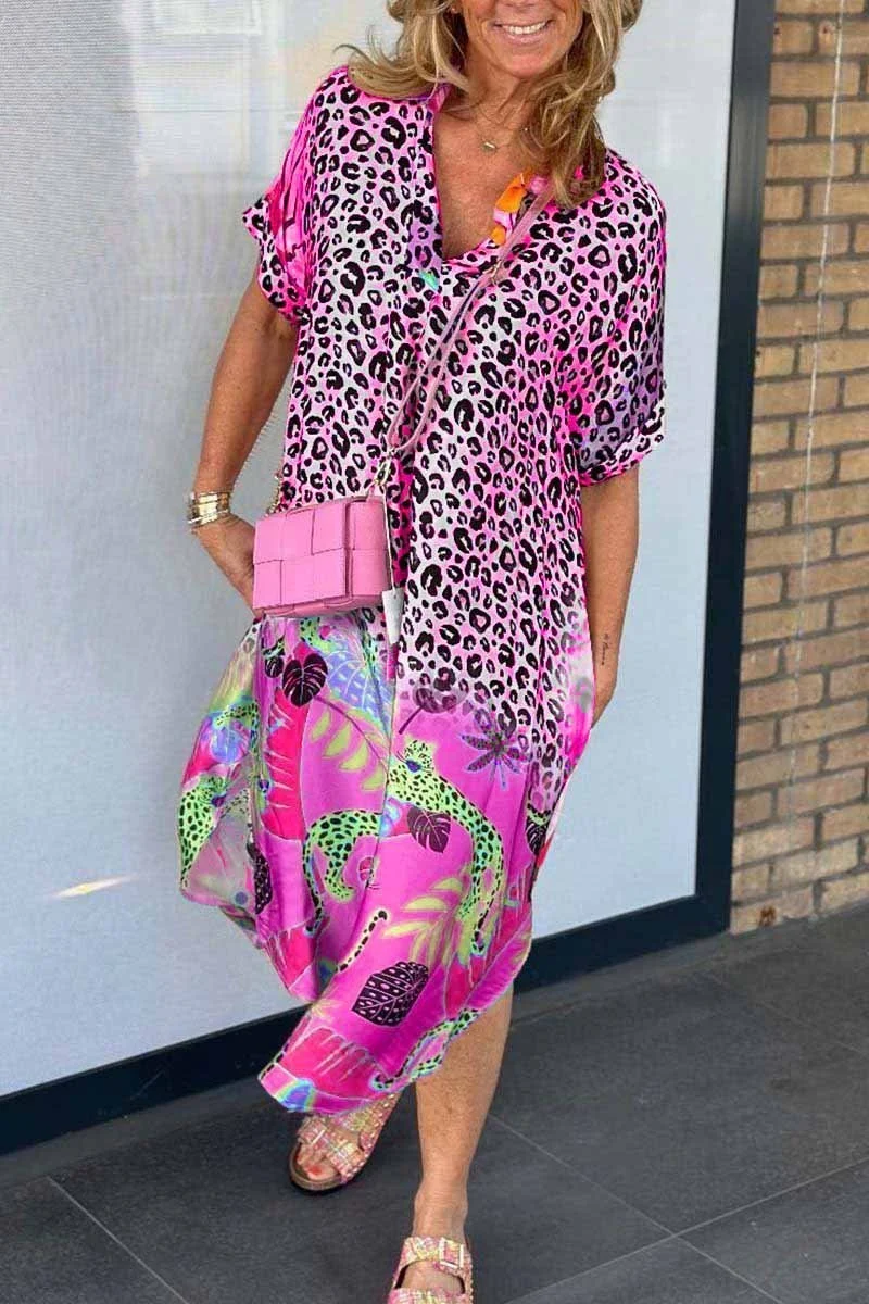 Damen Maxikleid mit Leo- & Tropenprint | Luftiges Sommerkleid V-Ausschnitt | Fließender Schnitt für Strand, Urlaub & Alltag