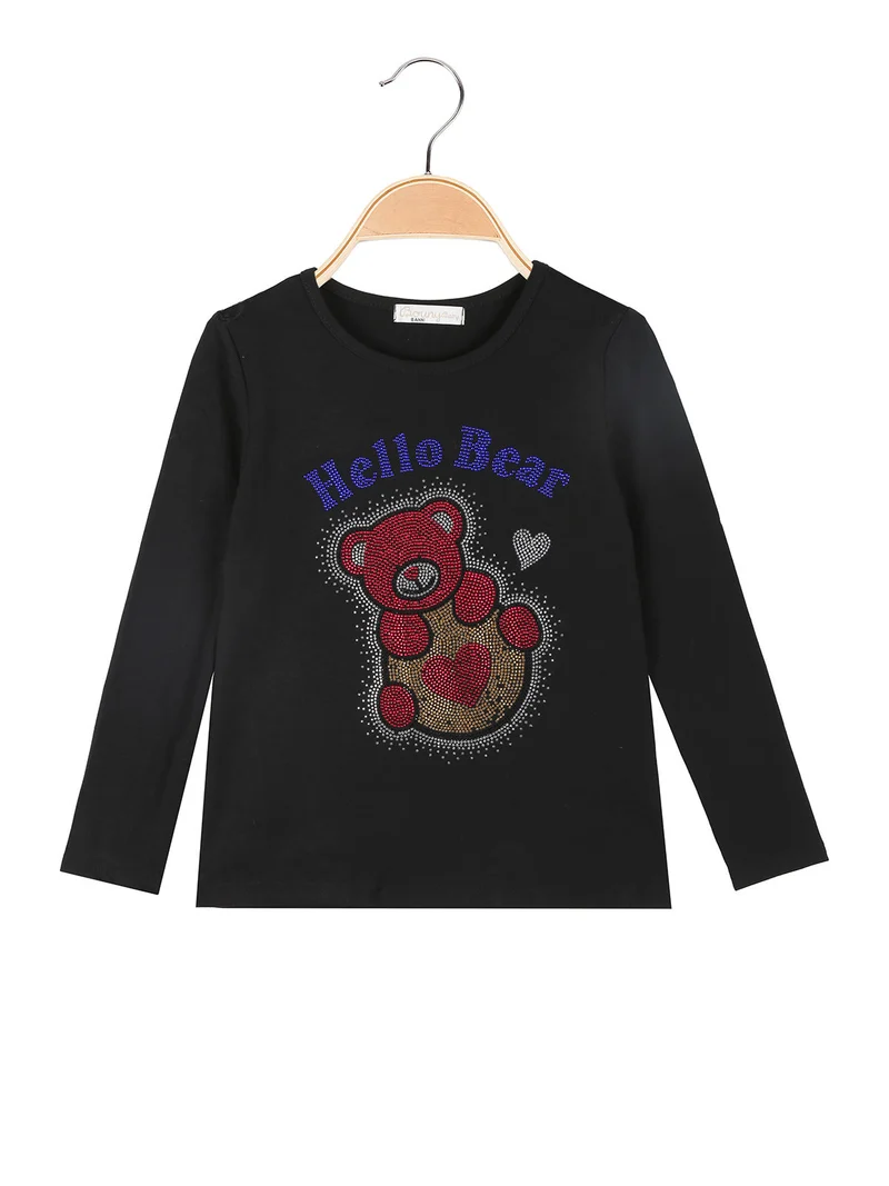 T-shirt da bambina a maniche lunghe con strass - nero
