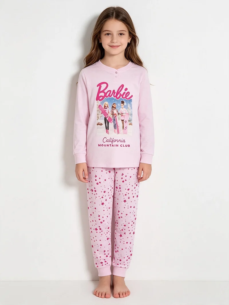 Pigiama lungo da bambina in cotone interlock - rosa