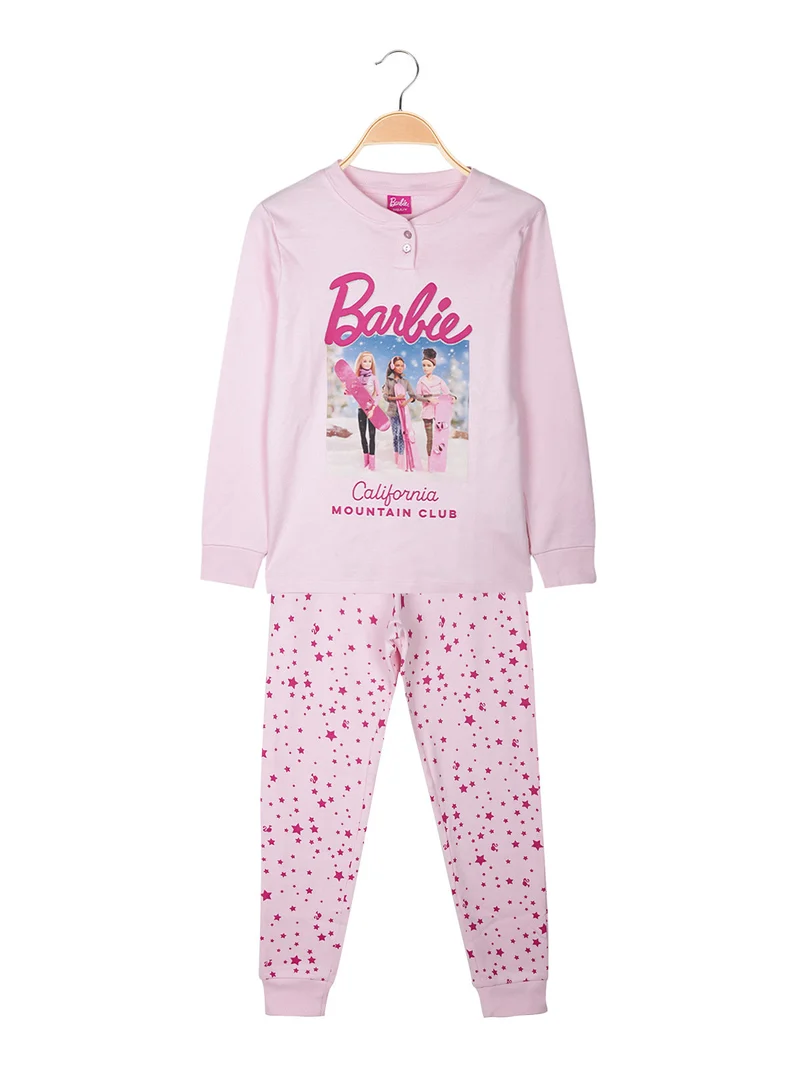 Pigiama lungo da bambina in cotone interlock - rosa