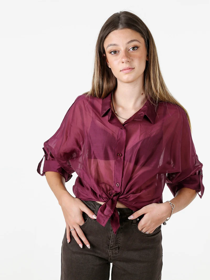 Camicia donna oversize annodata sul fondo a maniche corte - bordeaux