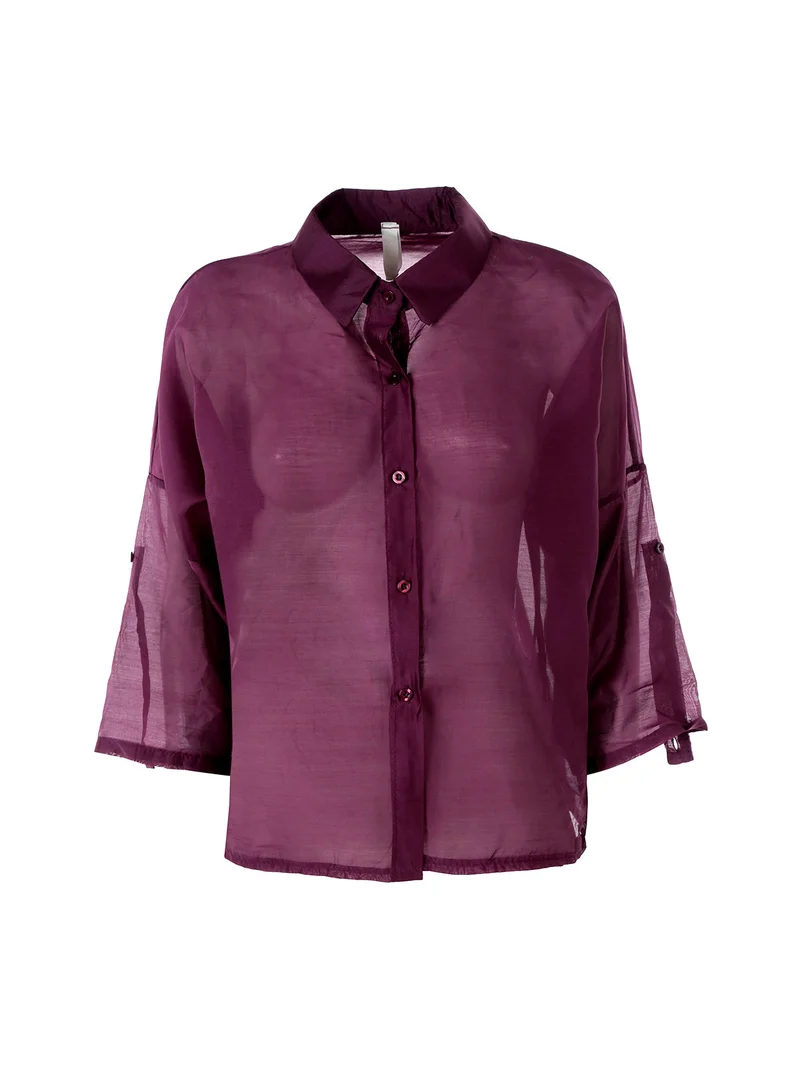Camicia donna oversize annodata sul fondo a maniche corte - bordeaux