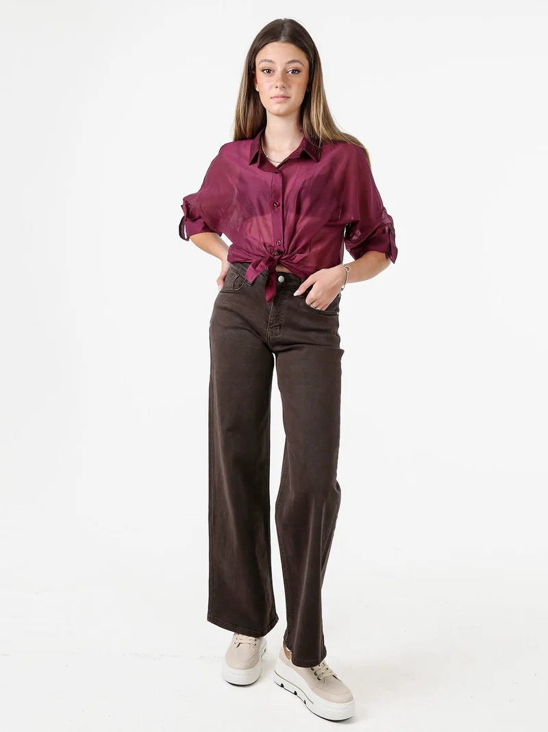 Camicia donna oversize annodata sul fondo a maniche corte - bordeaux