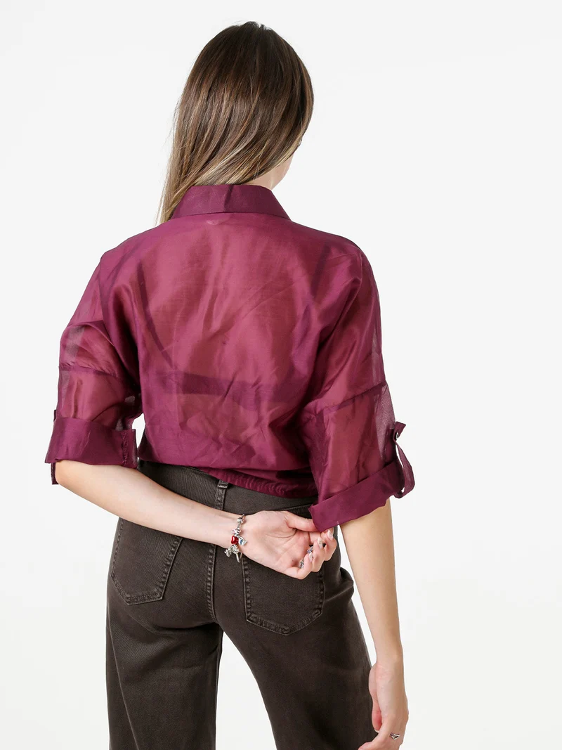 Camicia donna oversize annodata sul fondo a maniche corte - bordeaux