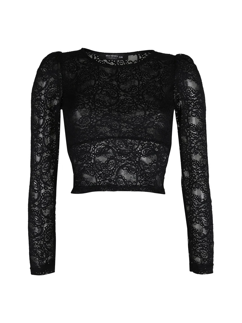 Top donna in pizzo a maniche lunghe - nero