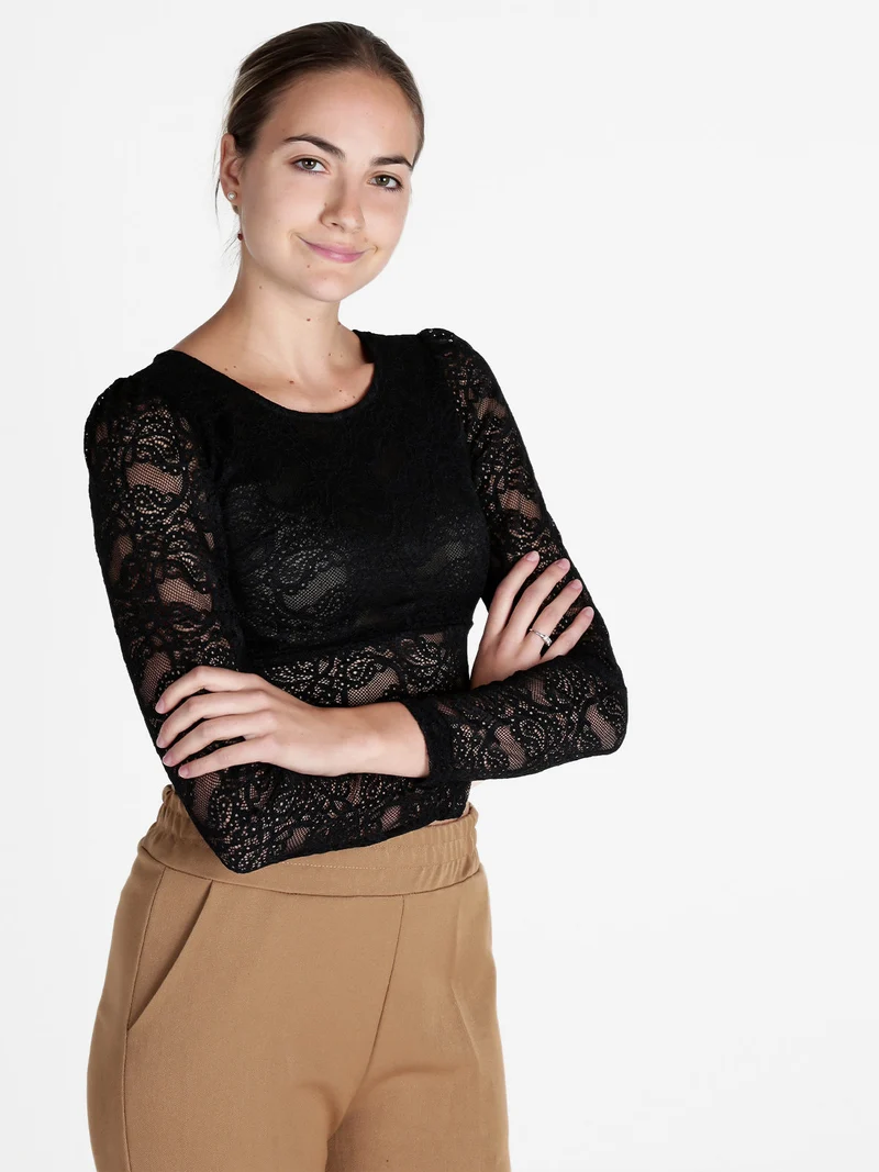 Top donna in pizzo a maniche lunghe - nero