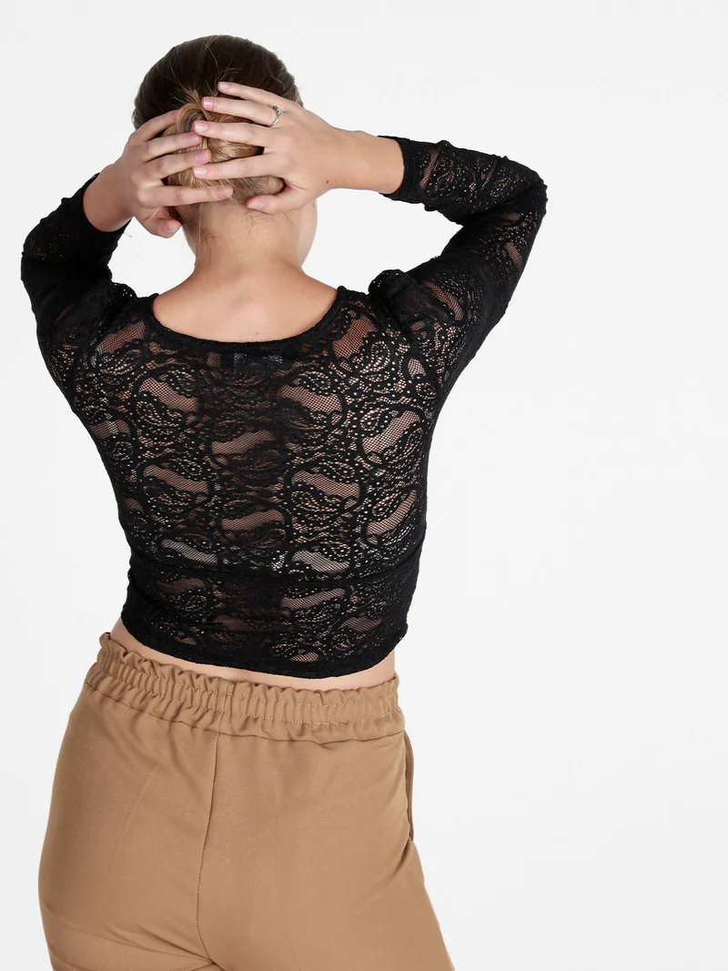 Top donna in pizzo a maniche lunghe - nero