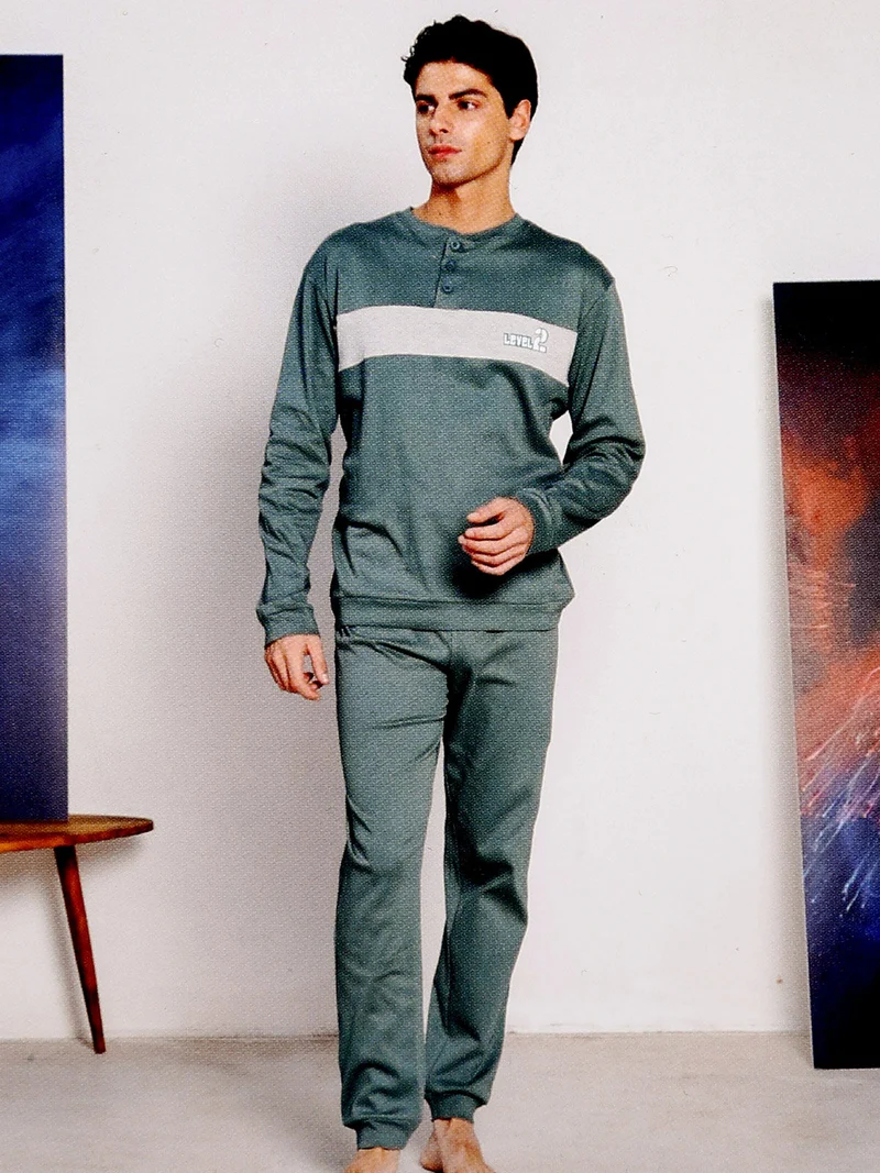 Pigiama lungo da uomo in misto cotone interlock - verde