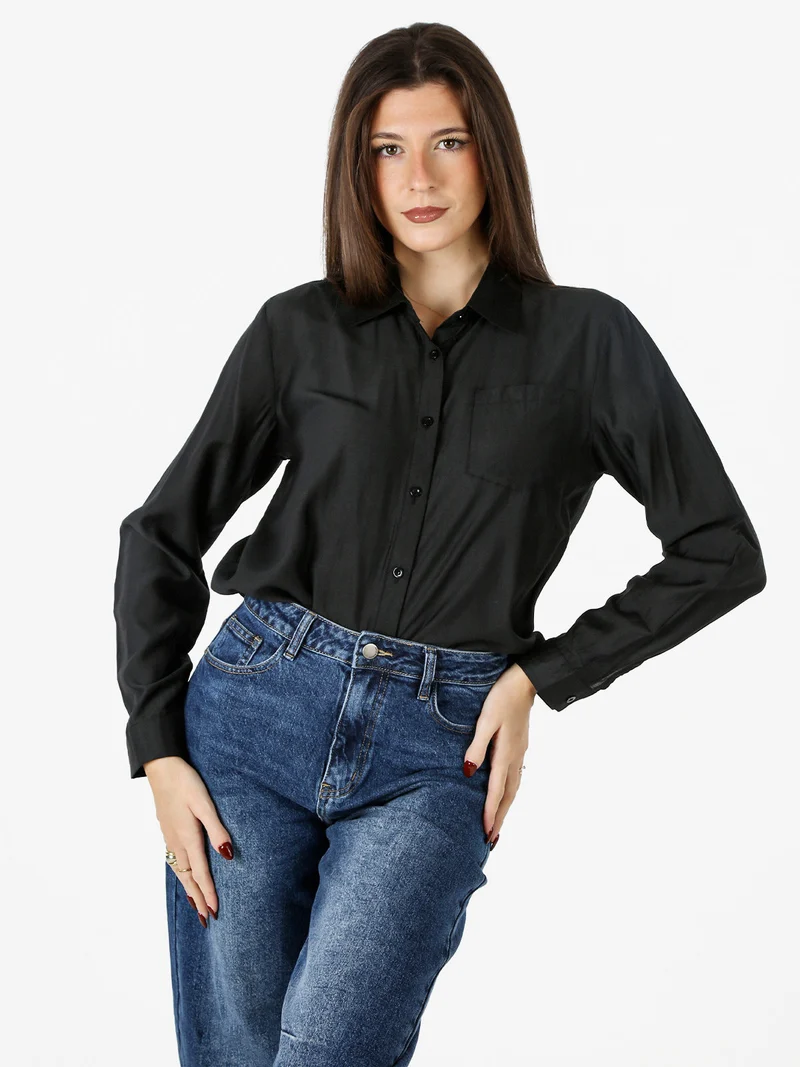 Camicia donna a maniche lunghe in misto cotone - nero