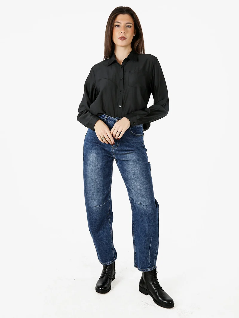Camicia donna a maniche lunghe in misto cotone - nero