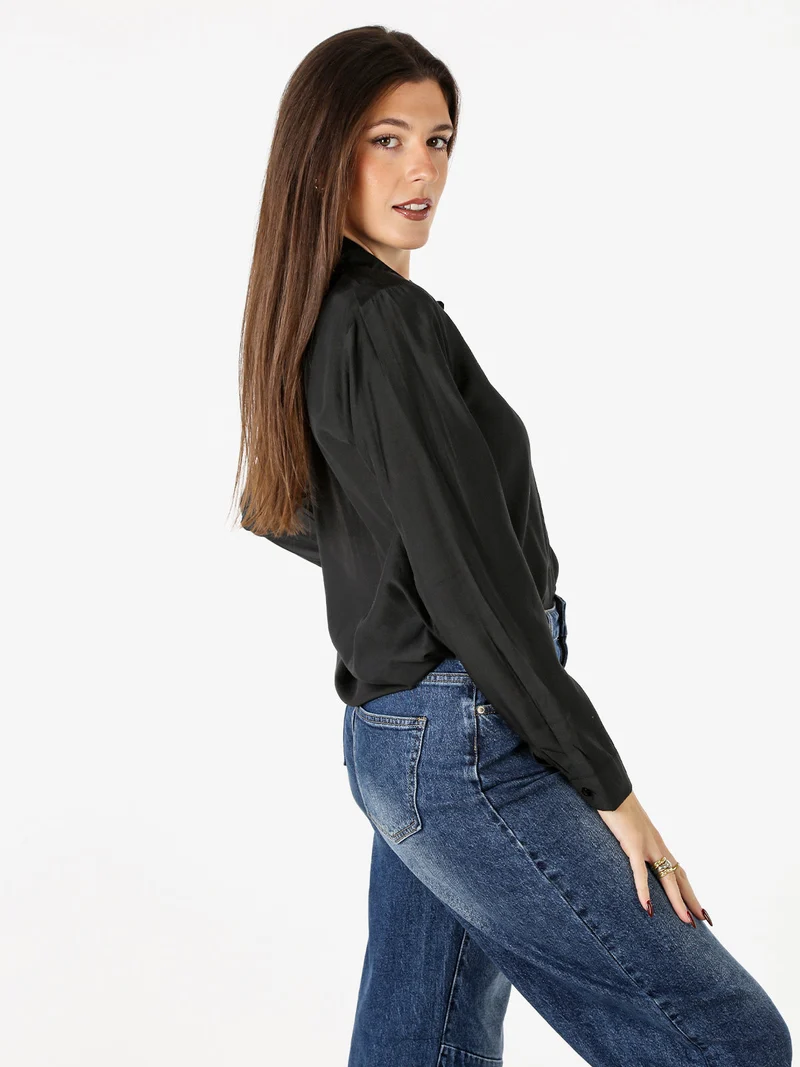Camicia donna a maniche lunghe in misto cotone - nero