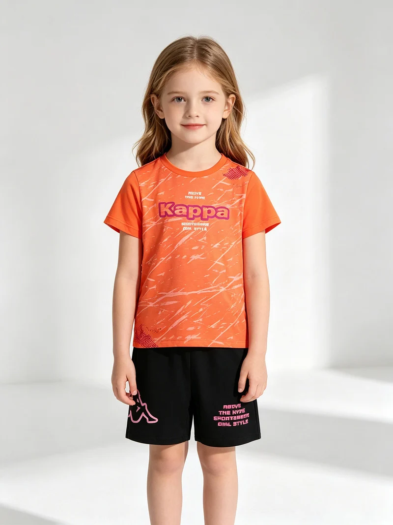 Completo corto da bambina in cotone con t-shirt e shorts - arancione
