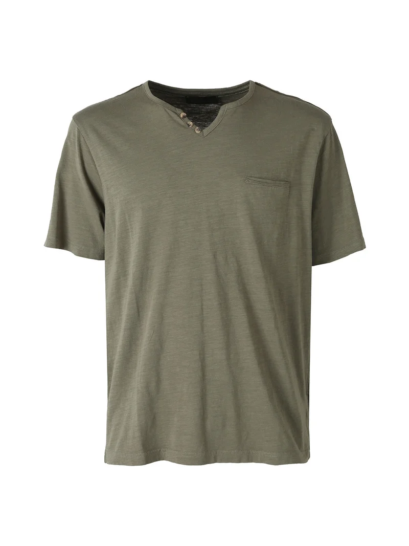 T-shirt da uomo in cotone con scollo V e taschino - militare