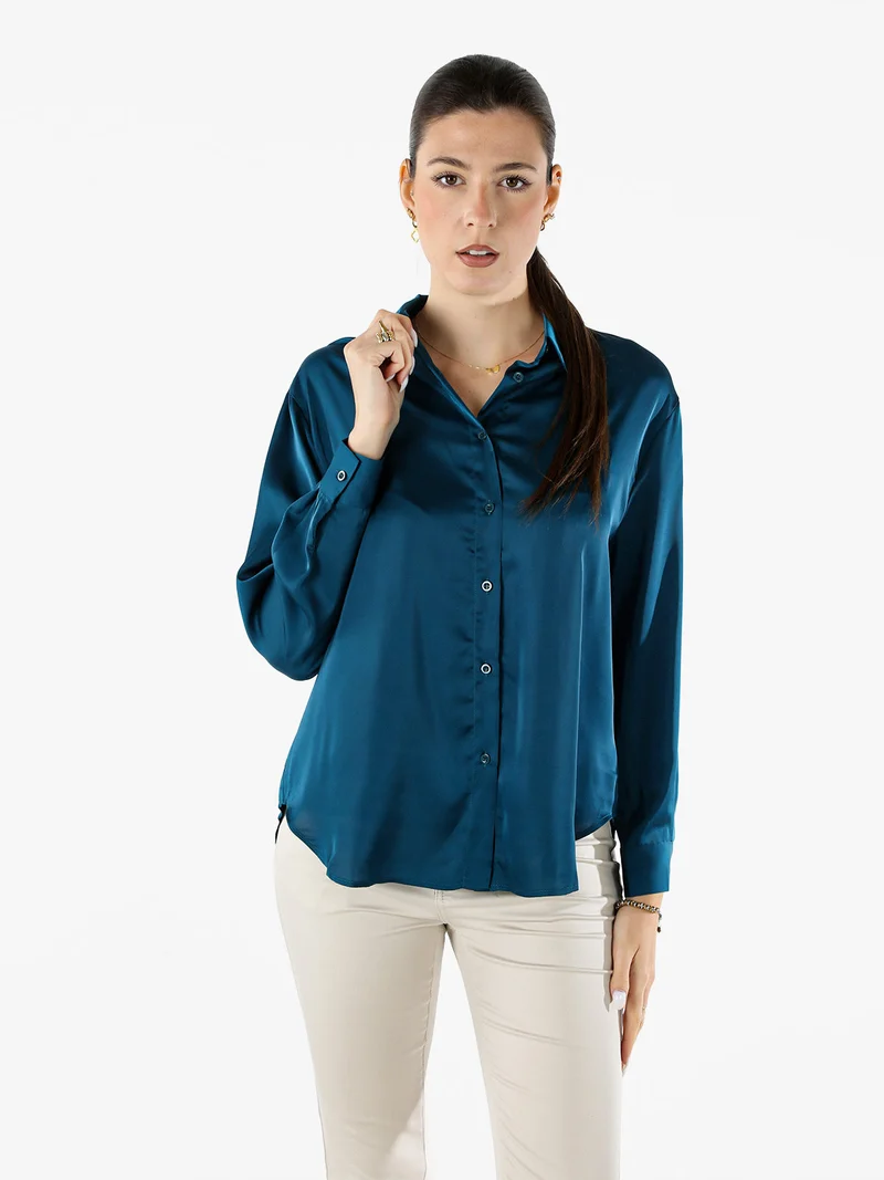 Camicia donna a maniche lunghe in tessuto simil raso - ottanio