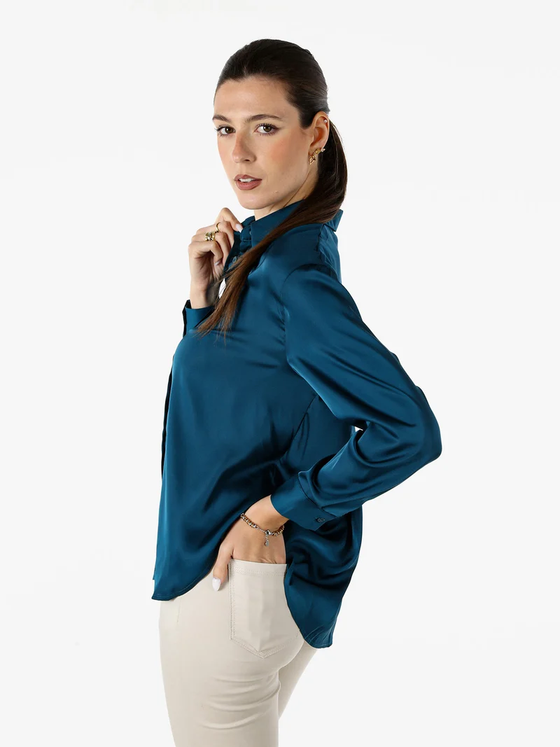 Camicia donna a maniche lunghe in tessuto simil raso - ottanio
