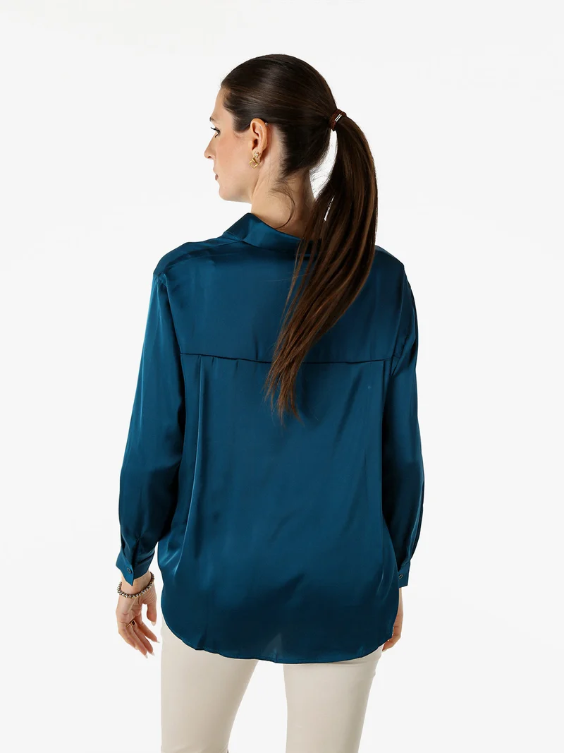 Camicia donna a maniche lunghe in tessuto simil raso - ottanio