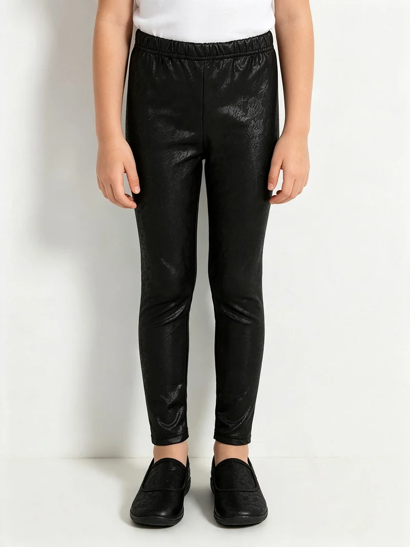 Leggings da bambina in simlpelle con ricami - nero