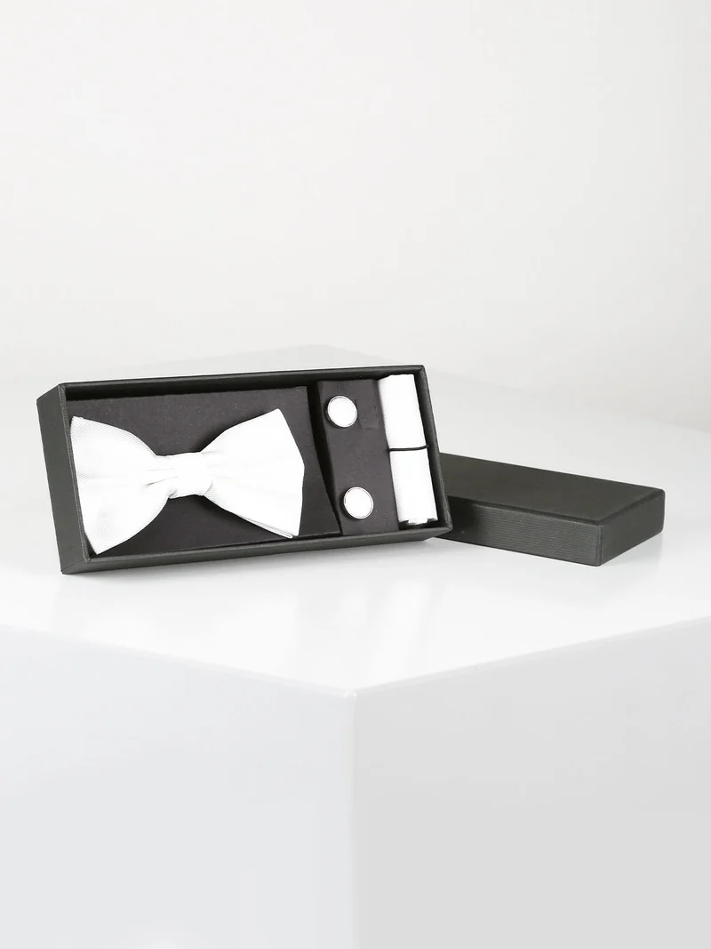 Set 3 pezzi uomo con papillon gemelli e fazzoletto - bianco