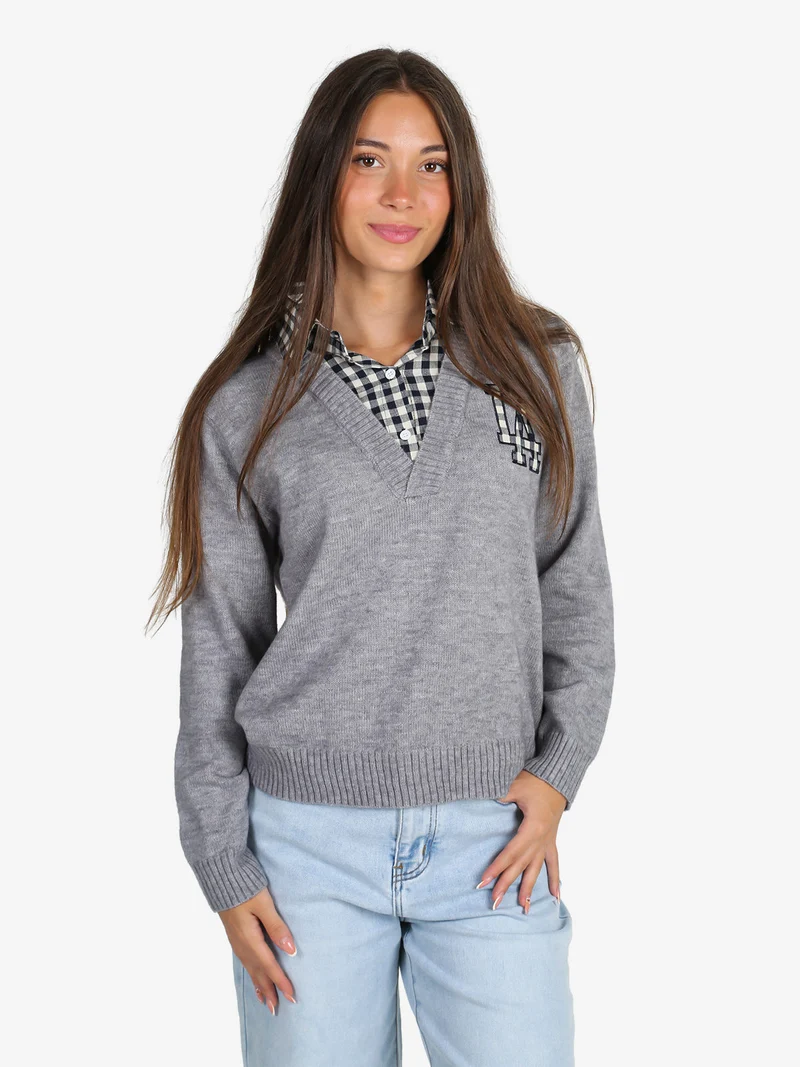 Maglione donna oversize con collo a camicia - grigio