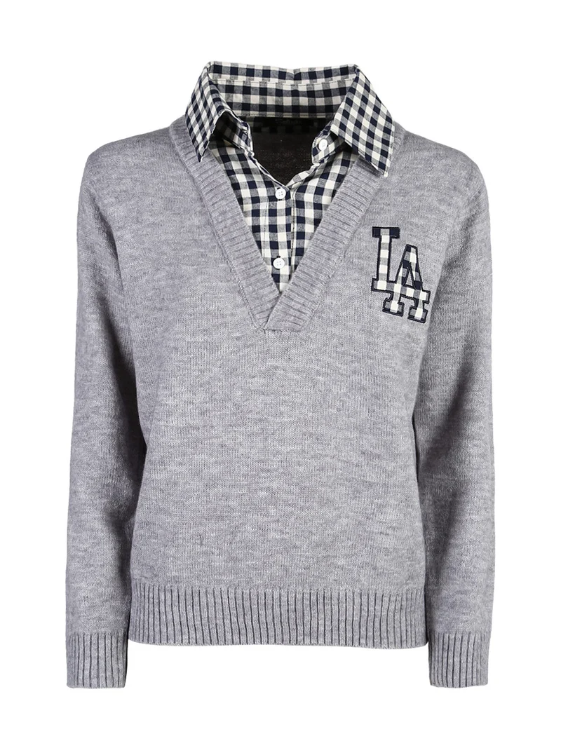 Maglione donna oversize con collo a camicia - grigio