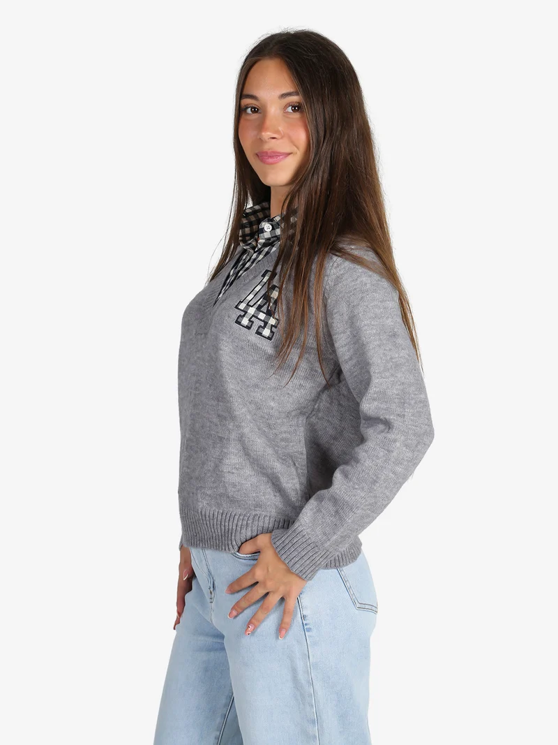 Maglione donna oversize con collo a camicia - grigio