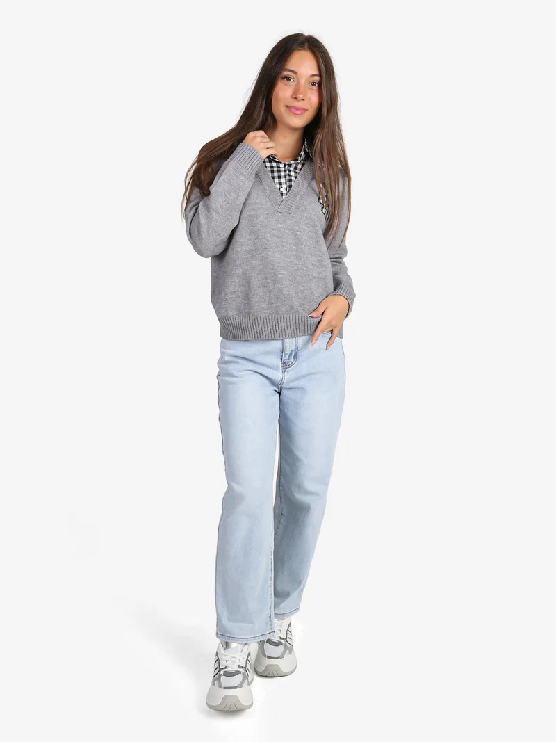 Maglione donna oversize con collo a camicia - grigio