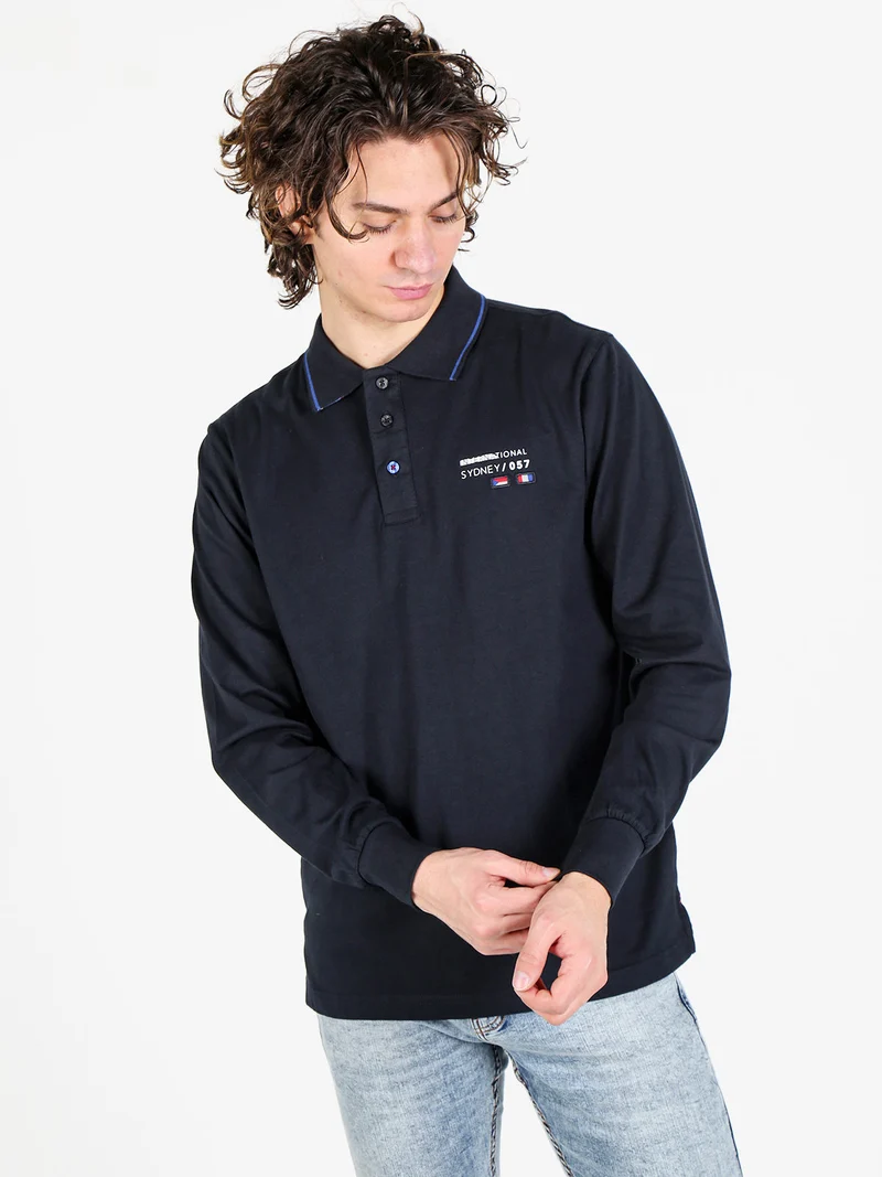 Polo da uomo a maniche lunghe in cotone - blu scuro