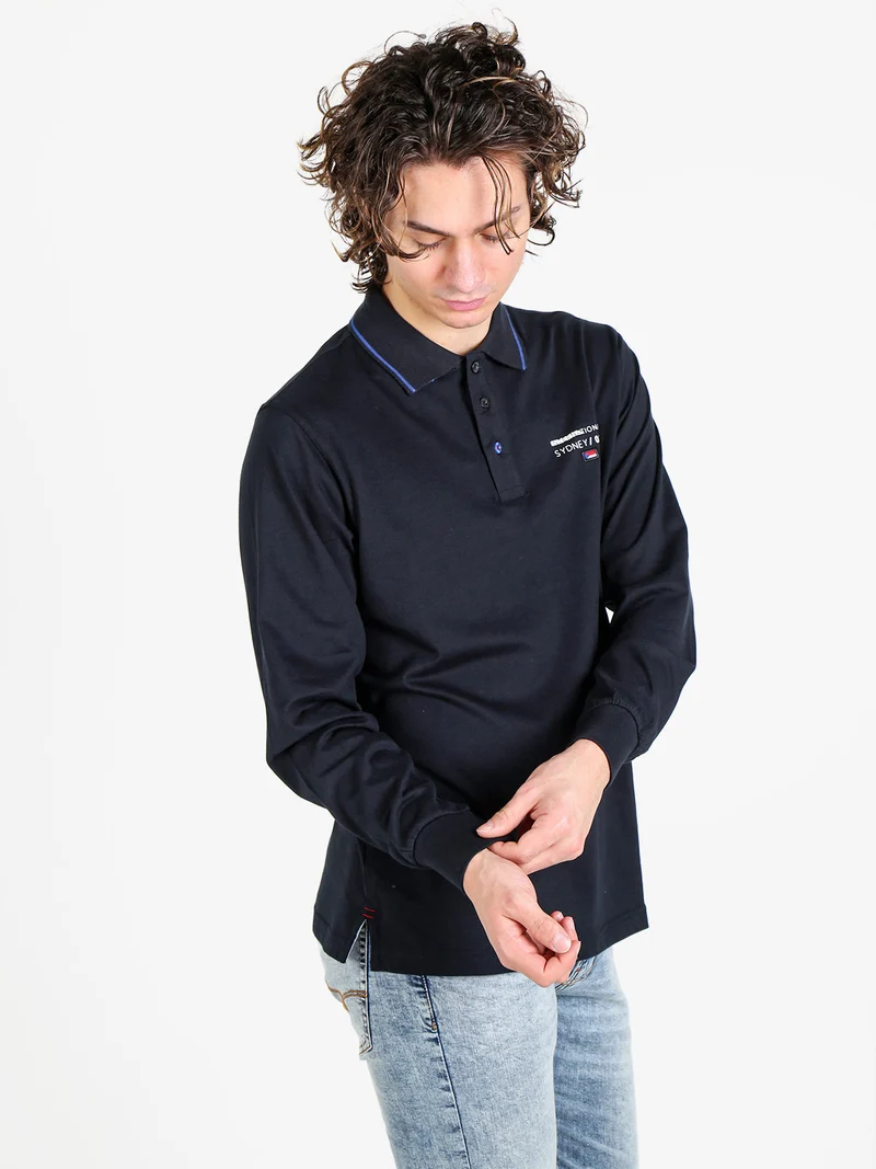 Polo da uomo a maniche lunghe in cotone - blu scuro