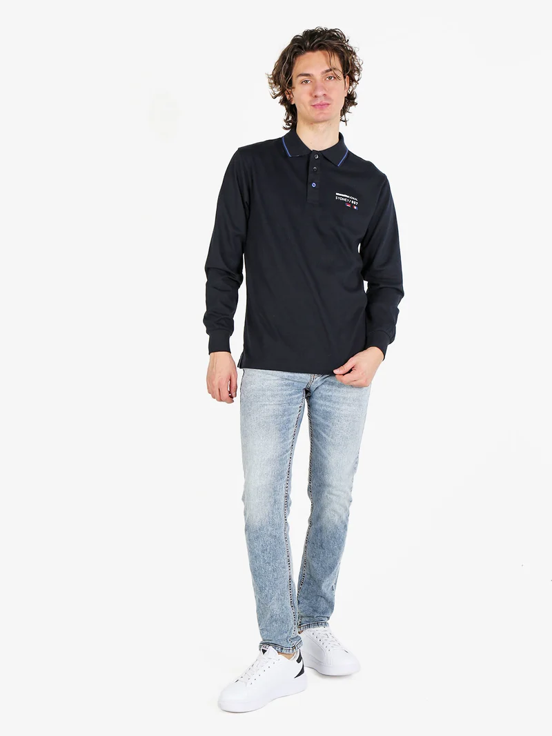 Polo da uomo a maniche lunghe in cotone - blu scuro