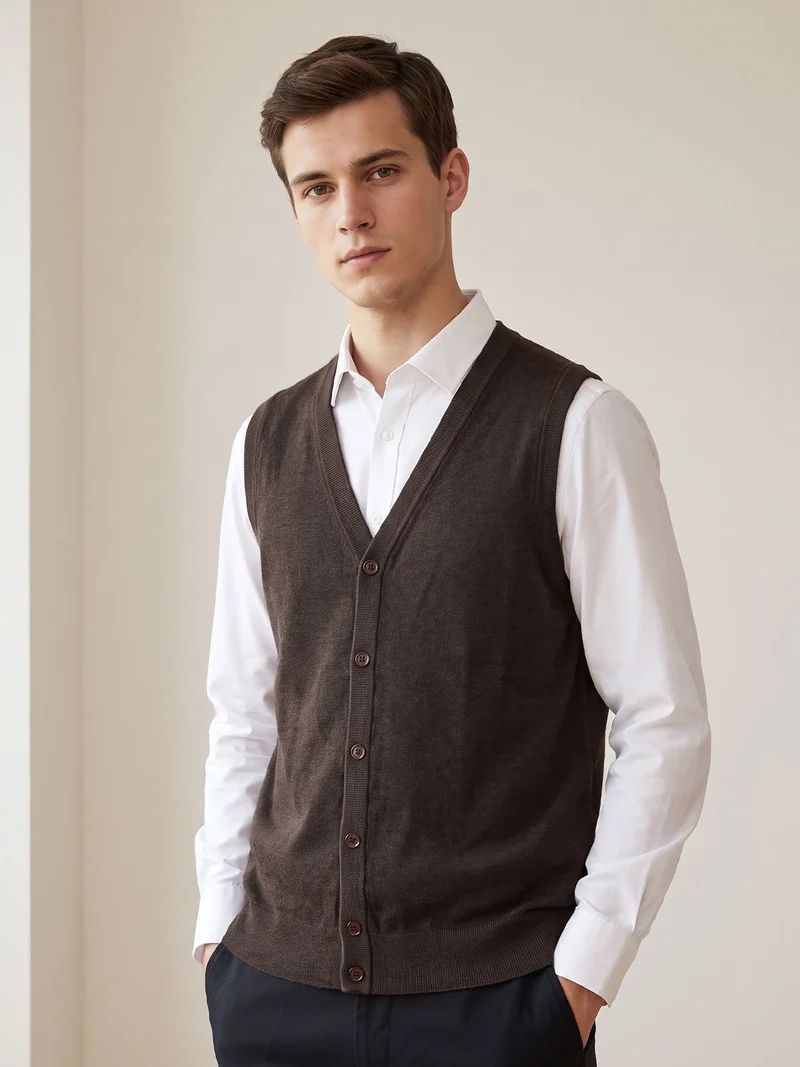 Gilet da uomo in maglia misto lana con bottoni - marrone