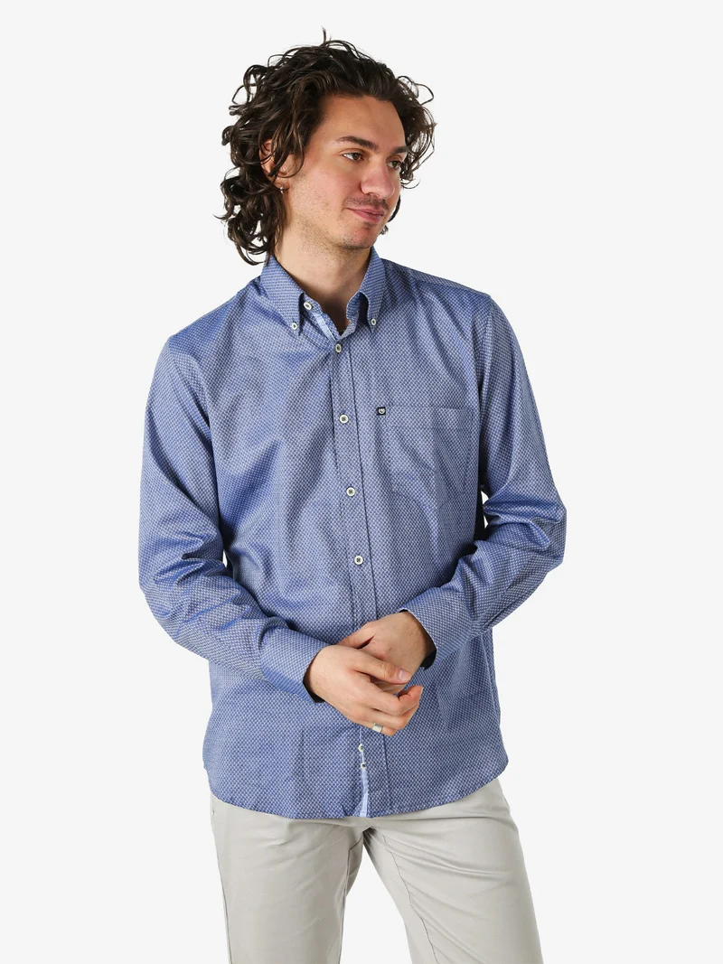 Camicia da uomo in cotone a maniche lunghe con taschino e stampe - blu