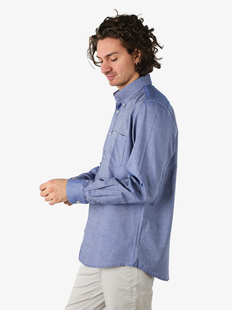 Camicia da uomo in cotone a maniche lunghe con taschino e stampe - blu