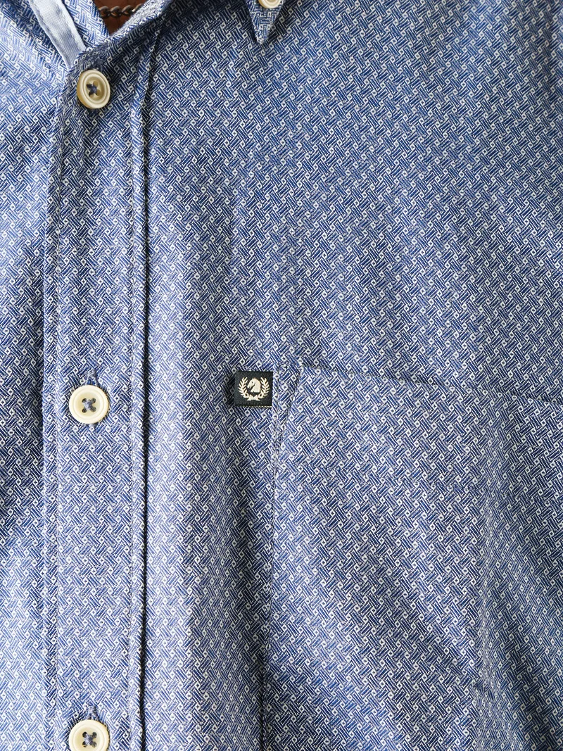 Camicia da uomo in cotone a maniche lunghe con taschino e stampe - blu