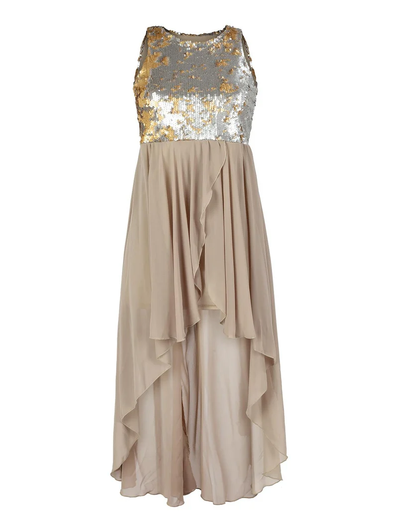 Vestito smanicato con paillettes e schiena scoperta - beige