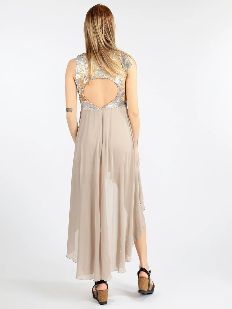 Vestito smanicato con paillettes e schiena scoperta - beige