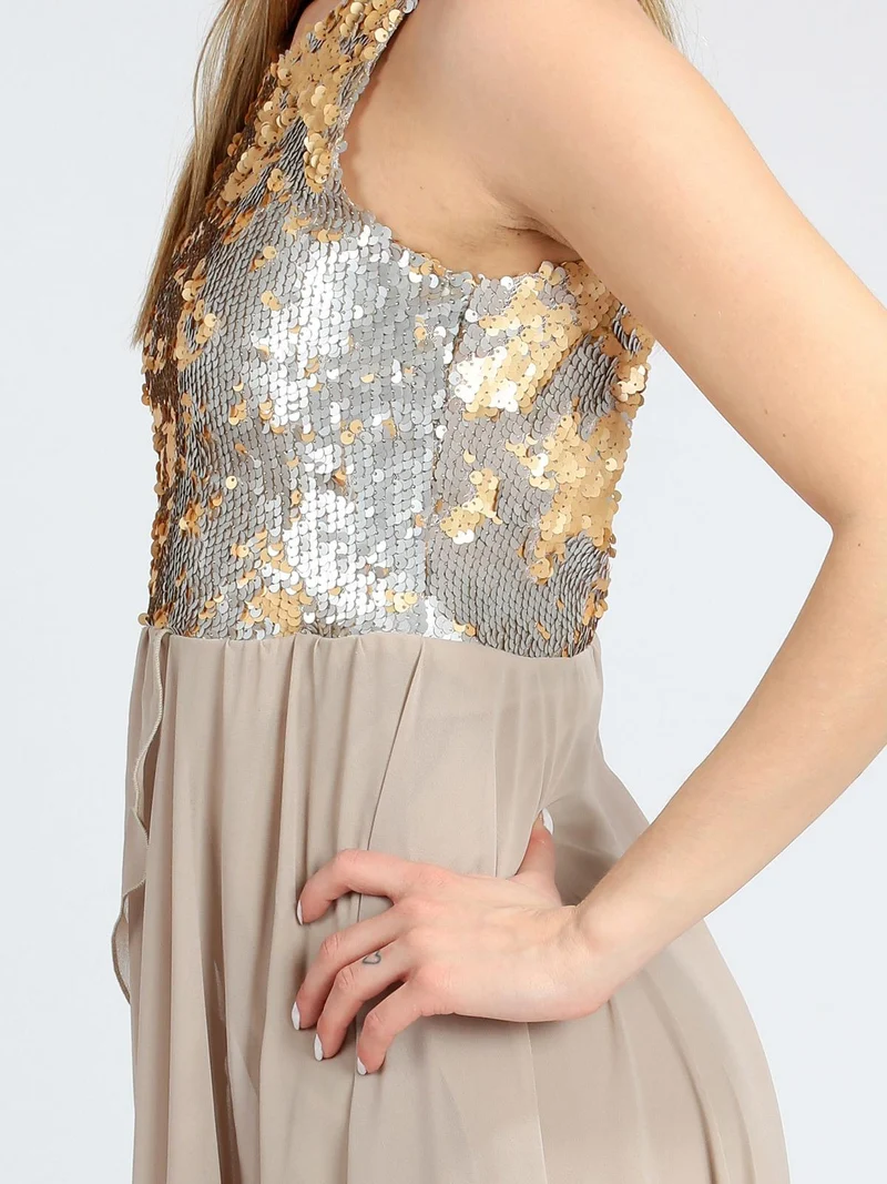 Vestito smanicato con paillettes e schiena scoperta - beige