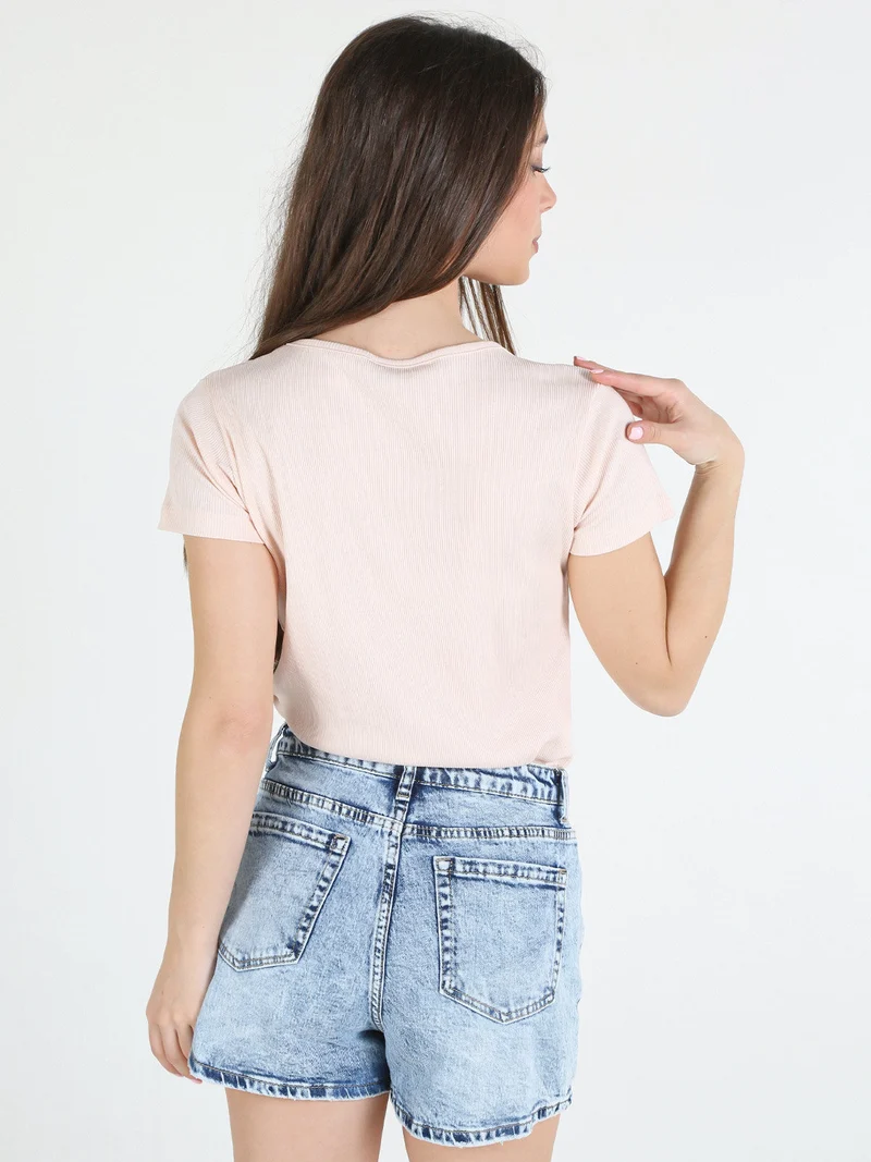 T-shirt donna in cotone a costine - cipria