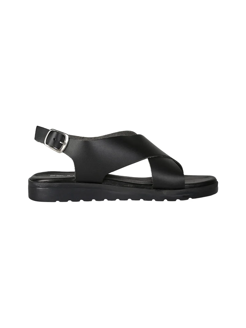 Sandali donna in pelle con fascia incrociata - nero