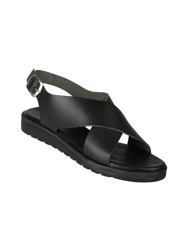 Sandali donna in pelle con fascia incrociata - nero