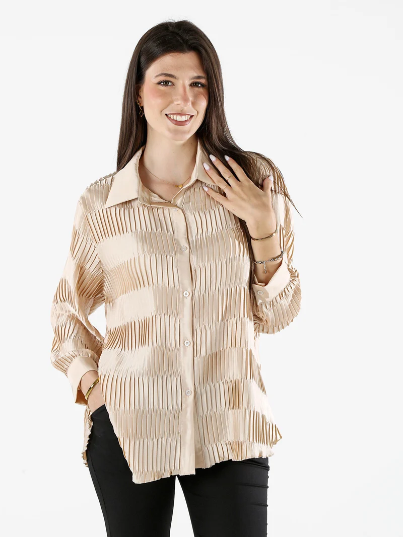 Camicia plissettata da donna con maniche lunghe a palloncino - beige
