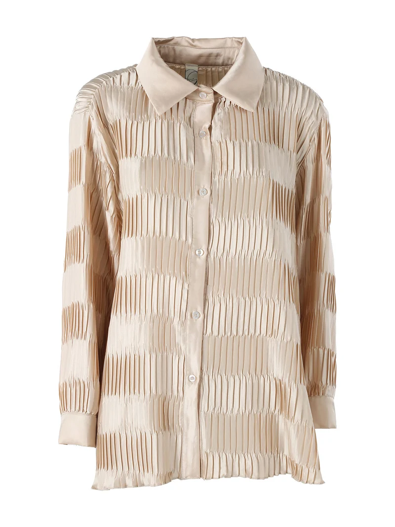 Camicia plissettata da donna con maniche lunghe a palloncino - beige