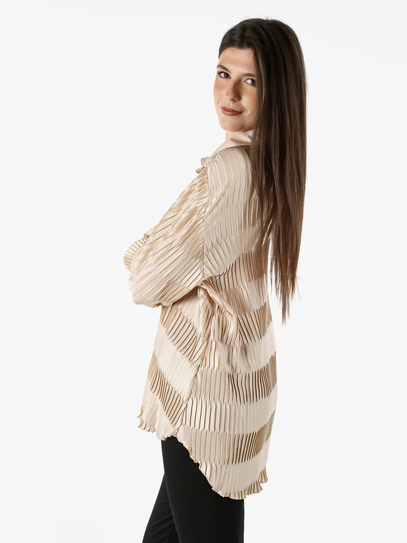 Camicia plissettata da donna con maniche lunghe a palloncino - beige