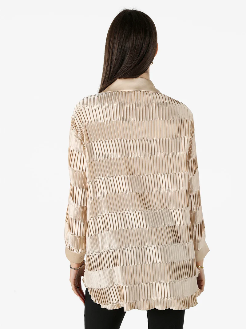 Camicia plissettata da donna con maniche lunghe a palloncino - beige
