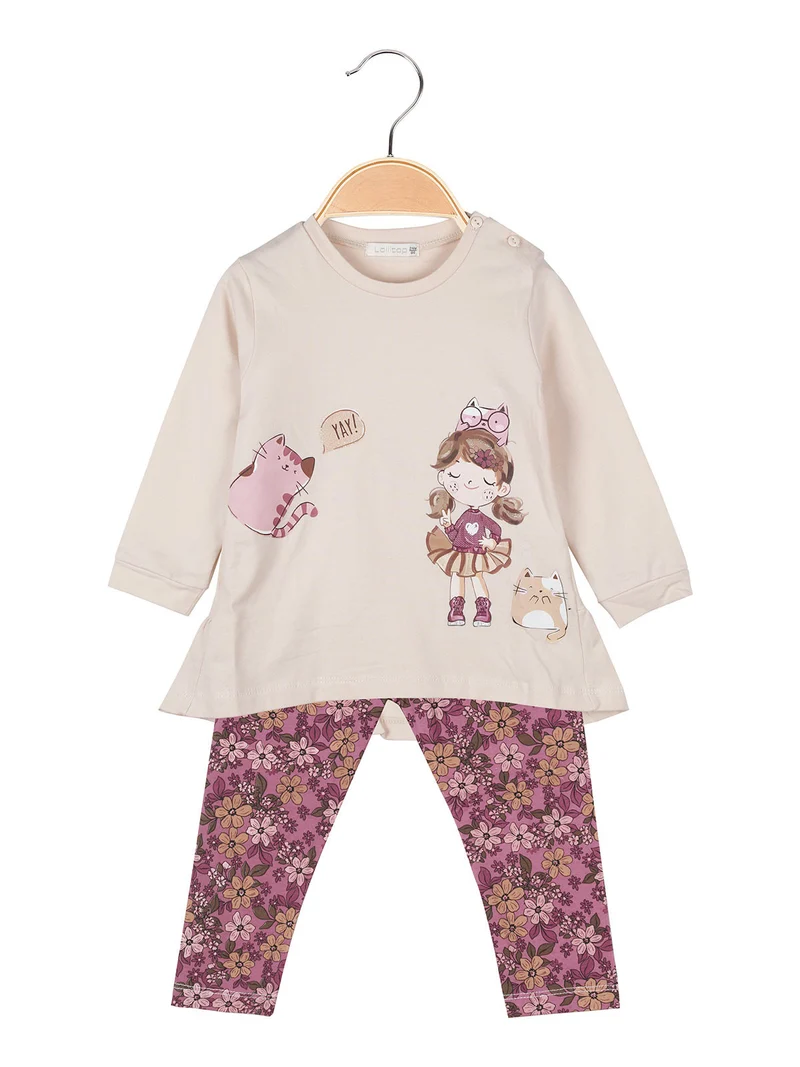 Completo 2 pezzi da neonata con maglietta e leggings fiorati - beige