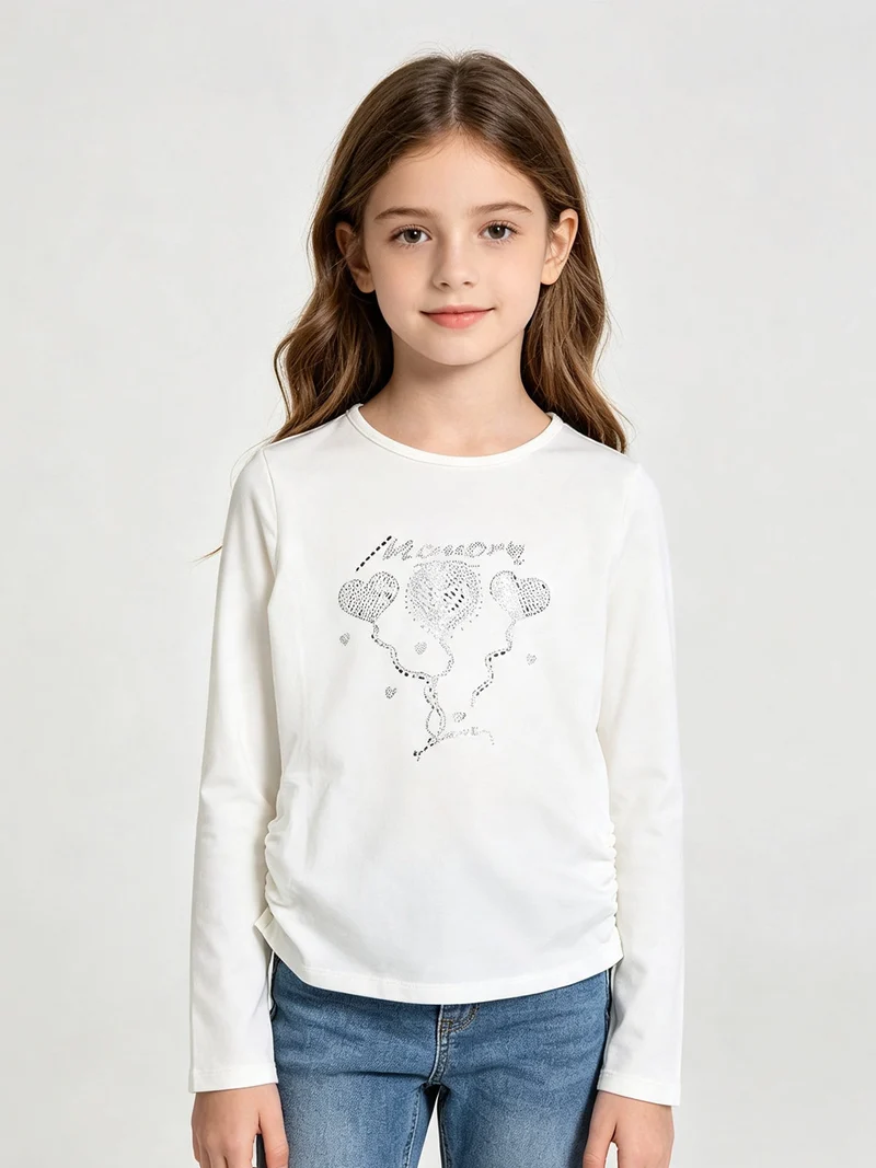 T-shirt da bambina a maniche lunghe con strass - bianco