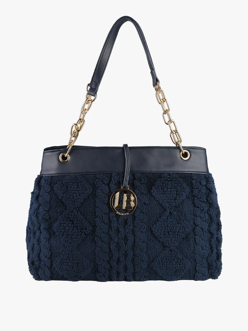 Borsa donna con ecopelo e doppi manici a catena - blu scuro