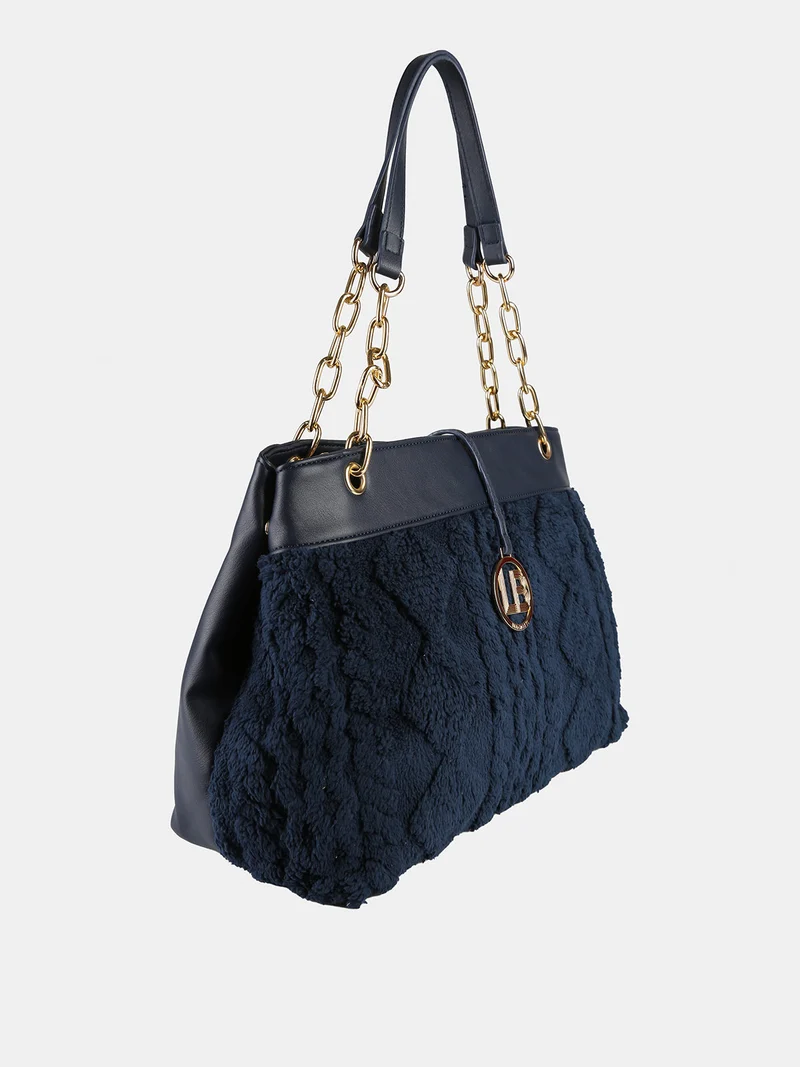 Borsa donna con ecopelo e doppi manici a catena - blu scuro