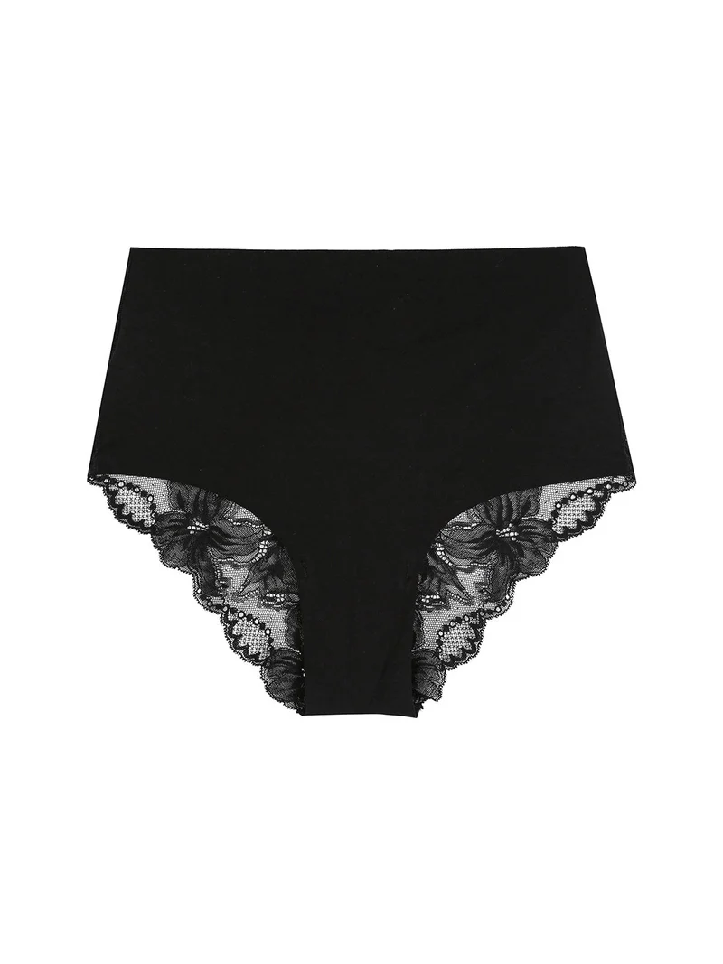 Slip donna taglio laser a vita alta in cotone e pizzo - nero